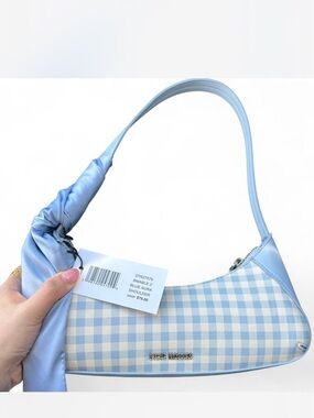 Steve Madden Light Blue Gingham Shoulder Bag with Scarf Detail